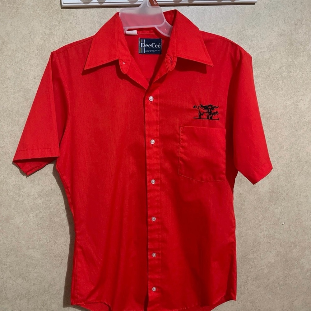 M Vtg 70s 80s Moo Cow Dairy Farm USA Workwear Men's Red Shirt S/M